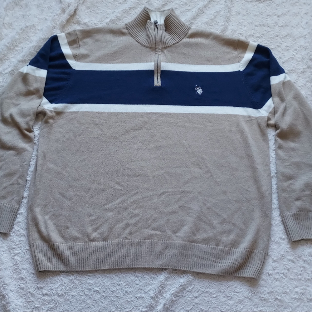 U.S. Polo Assn. Beige and Navy 1/4 Zip Sweater Preppy Academia XL Fall